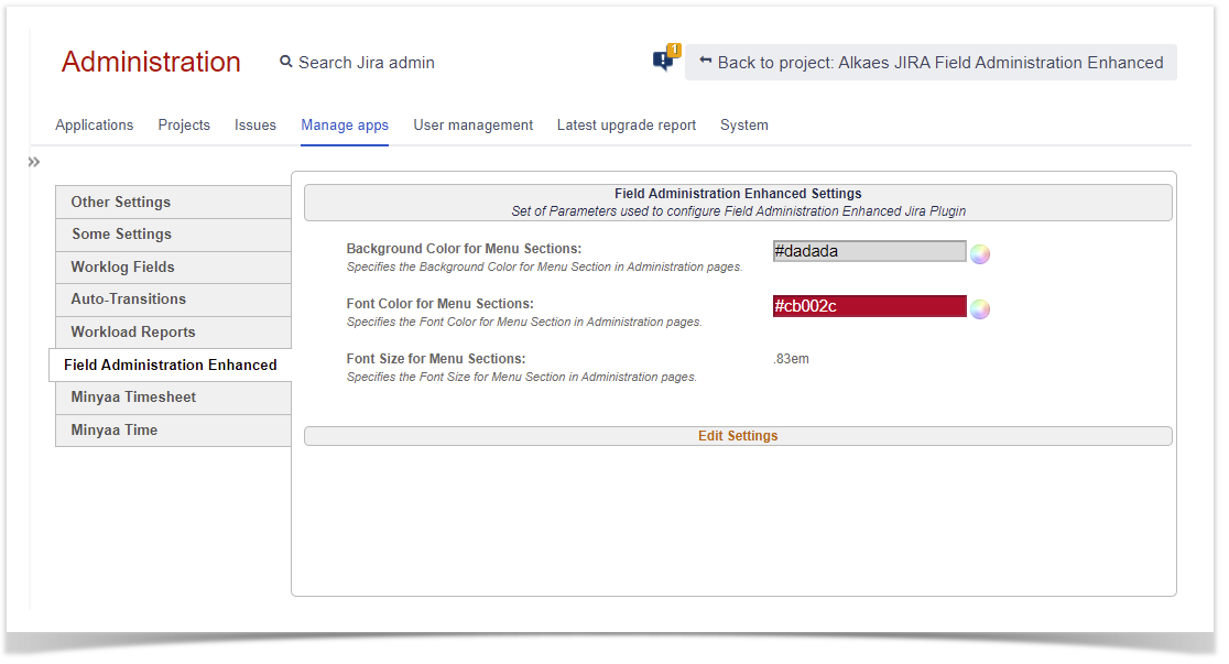 Alkaes JIRA Plugin Field Administration Enhanced > Highlighting Administration Menu section > image2021-6-12_17-33-50.png